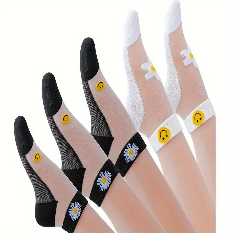 Pack de 5 Chaussettes Transparentes à Motifs Floraux et Smiley