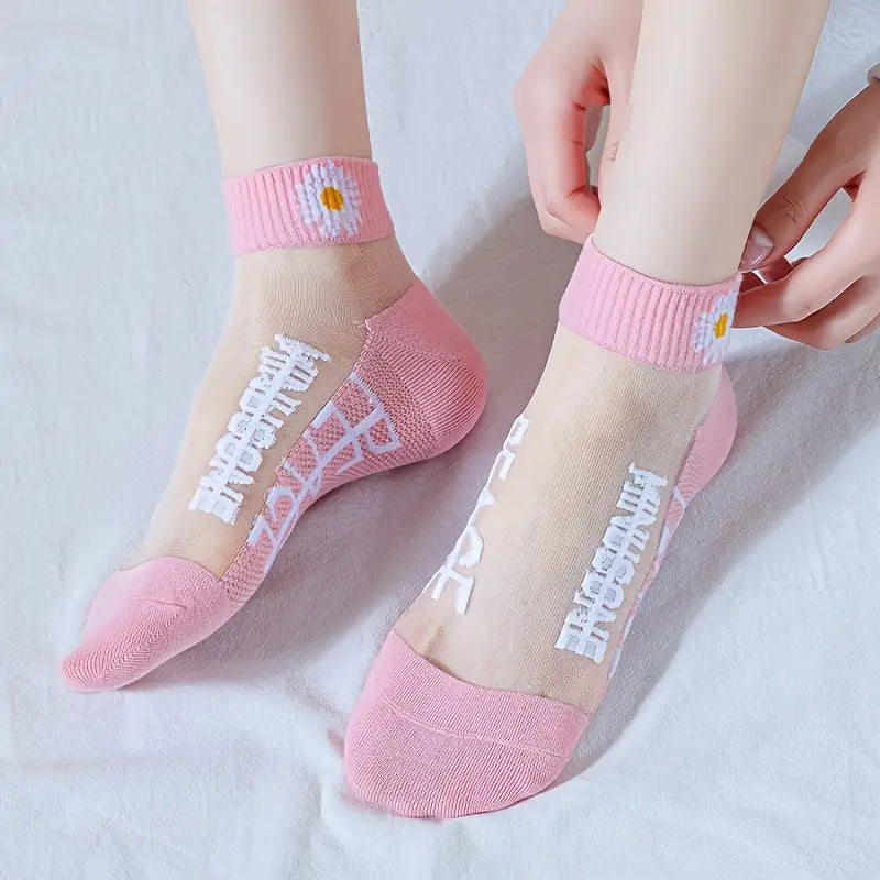 Pack de 5 Chaussettes Transparentes à Motifs Floraux et Smiley