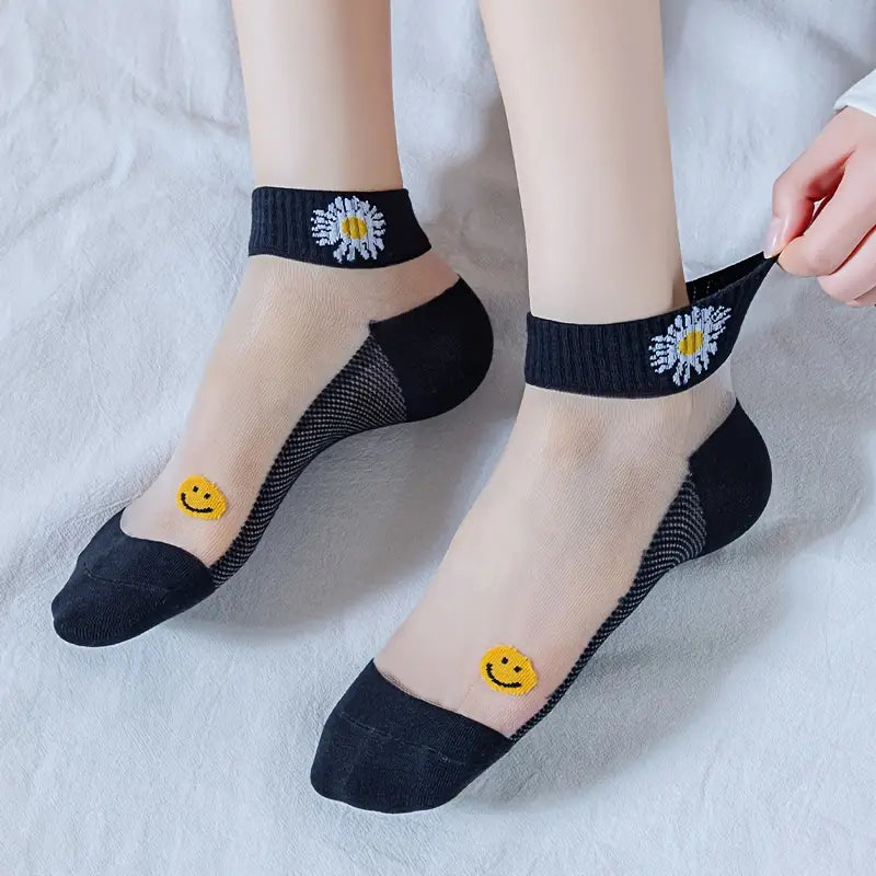 Pack de 5 Chaussettes Transparentes à Motifs Floraux et Smiley