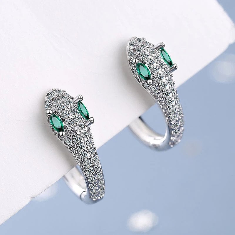 Boucles d'Oreilles Argent Serpent Oeil Vert