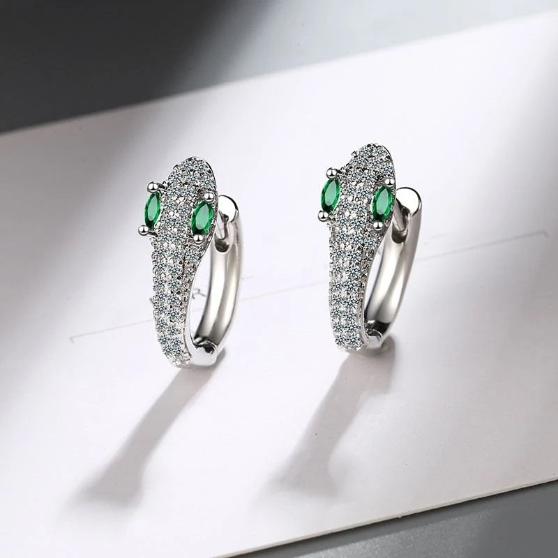 Boucles d'Oreilles Argent Serpent Oeil Vert