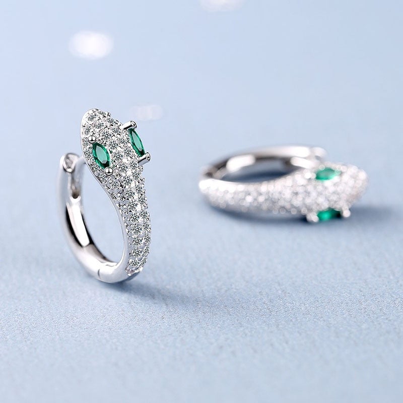 Boucles d'Oreilles Argent Serpent Oeil Vert