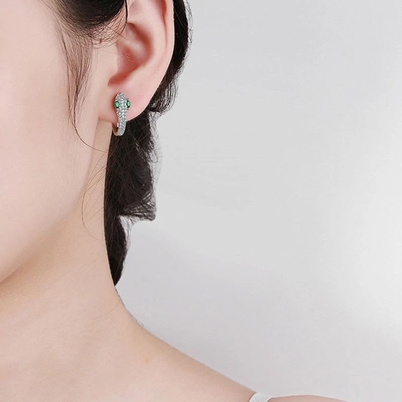 Boucles d'Oreilles Argent Serpent Oeil Vert