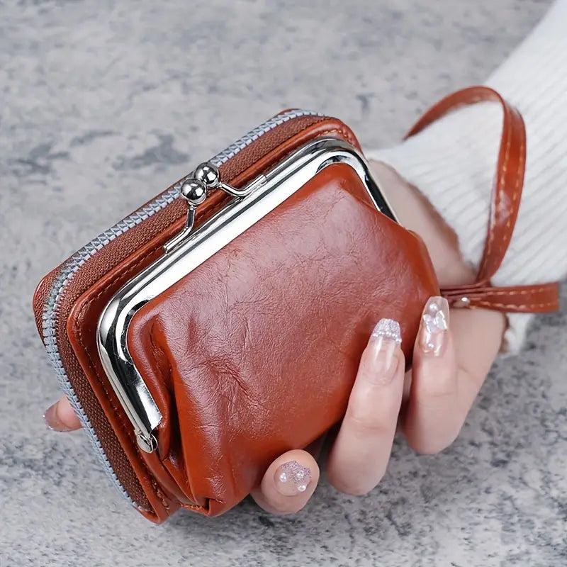 Petit Portefeuille en Cuir Marron avec Fermeture à Glissière