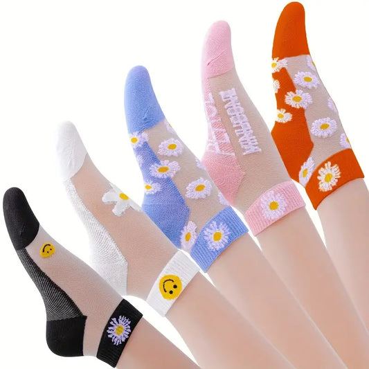 Pack de 5 Chaussettes Transparentes à Motifs Floraux et Smiley